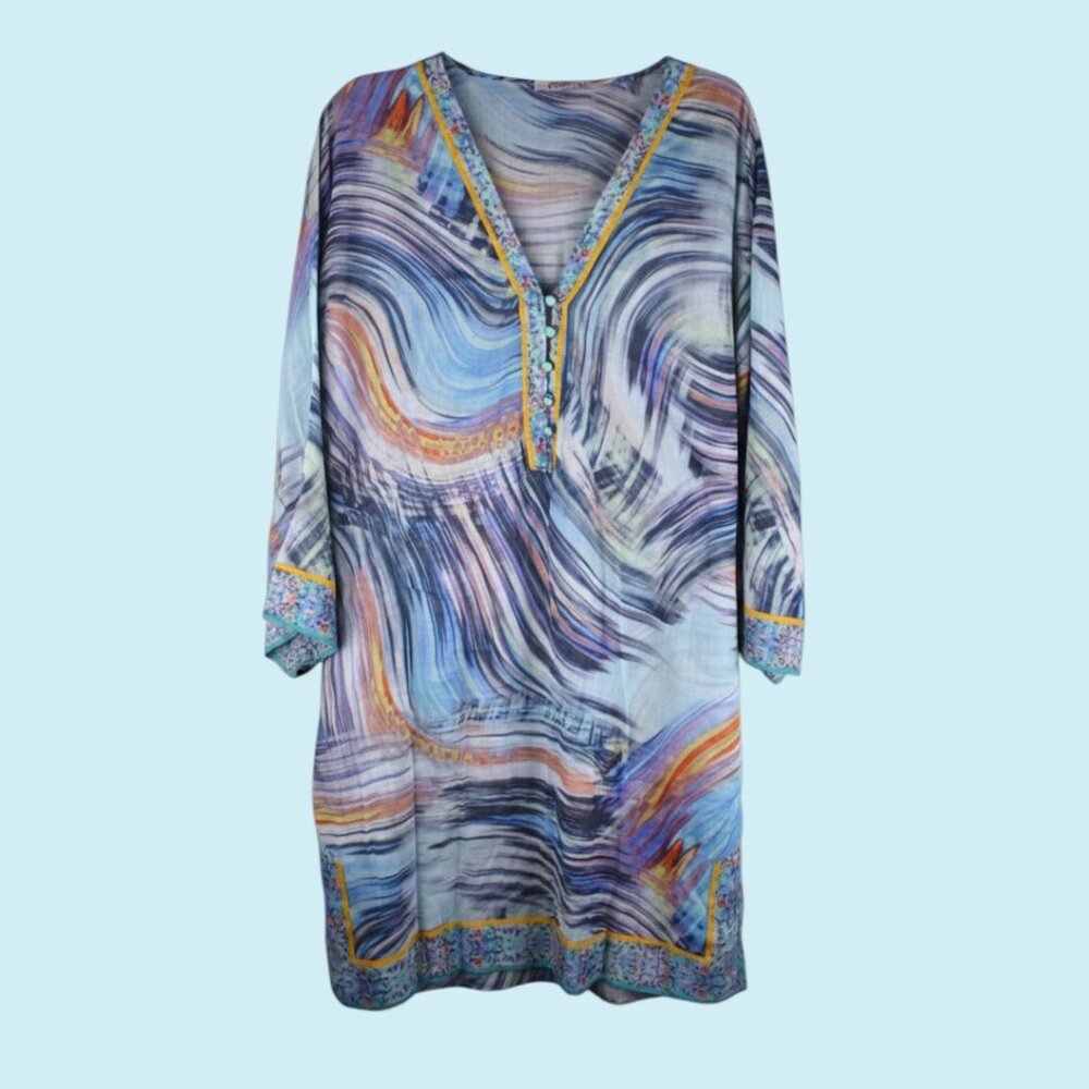 Eres Printed Mini Dress Women's Size Medium Blue Shift 3/4 Sleeve V-neck Tunic - Picture 5 of 10